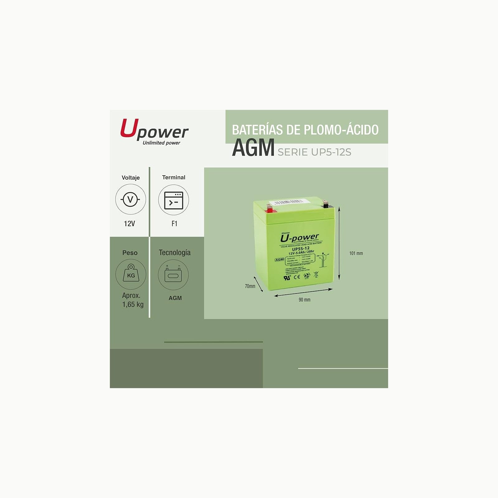 U-Power U\-Power Batería AGM 12V 5Ah Sellada Recargable – Plomo\-Ácido